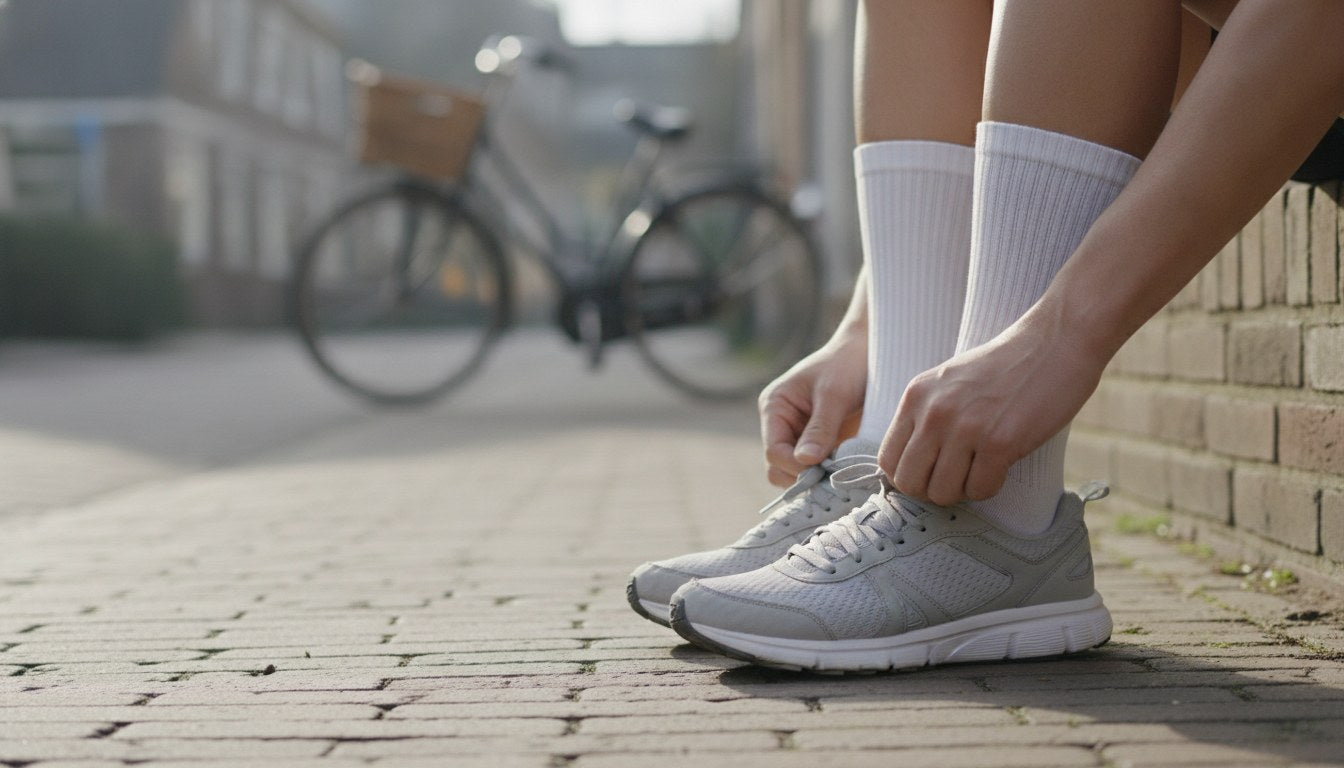 Hardloper strikt zijn veters op een Nederlandse straat, met witte hardloopsokken