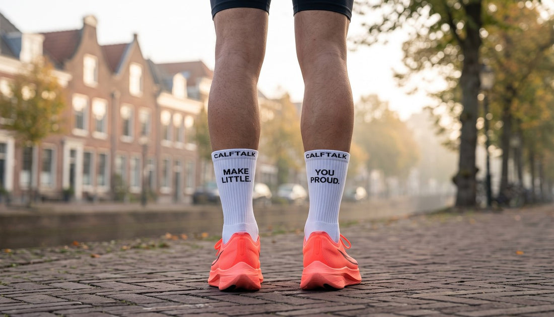 Hardloper van achteren op een rustige duurloop in Haarlem: links MAKE LITTLE, rechts YOU PROUD op de kuiten