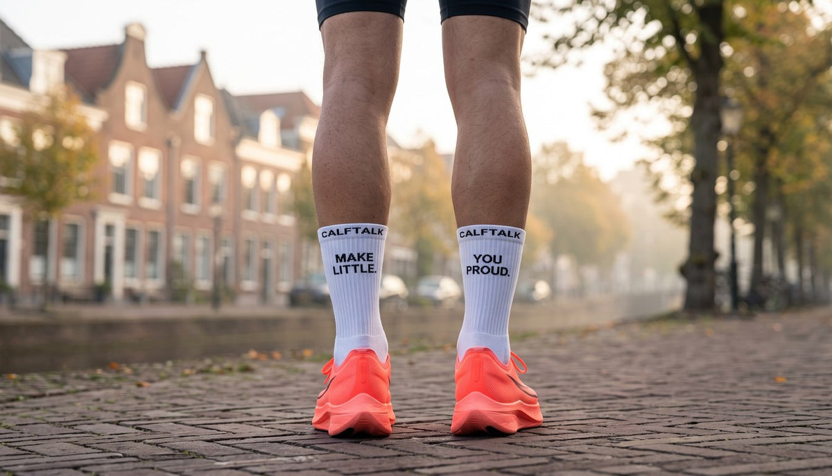 Hardloper van achteren op een rustige duurloop in Haarlem: links MAKE LITTLE, rechts YOU PROUD op de kuiten
