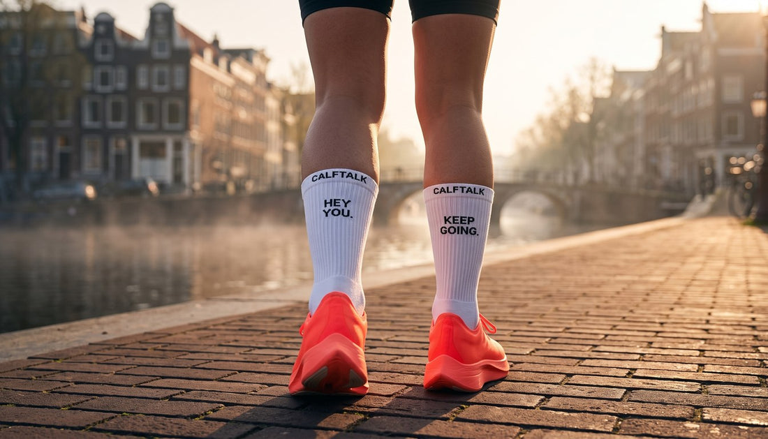Kuiten van achteren langs een Amsterdamse gracht: links HEY YOU, rechts KEEP GOING op de hardloopsokken