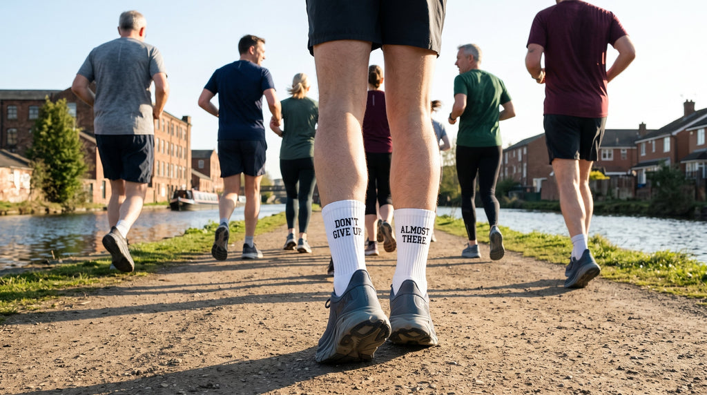 Hardlopers langs het kanaal met DON'T GIVE UP sokken