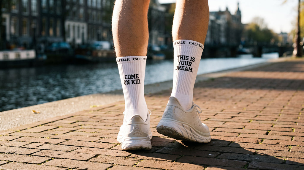Kuiten van achteren langs de gracht met COME ON KID sokken