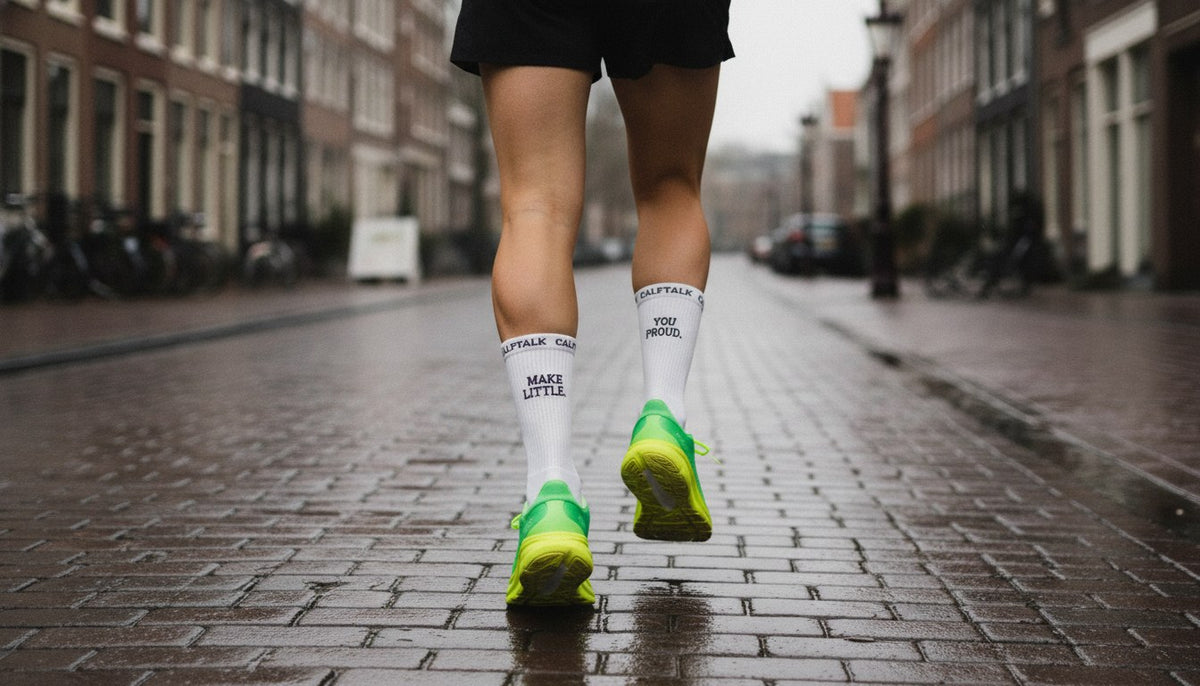 Calf Talk hardloopsokken met MAKE LITTLE YOU PROUD op een natte Amsterdamse straat