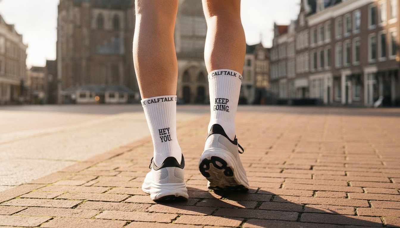 Kuiten van achteren op de Grote Markt in Haarlem: links HEY YOU, rechts KEEP GOING