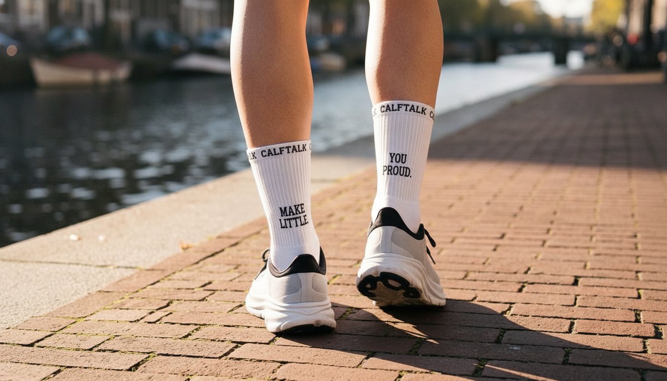 Kuiten van achteren op een Amsterdamse kade: links MAKE LITTLE, rechts YOU PROUD