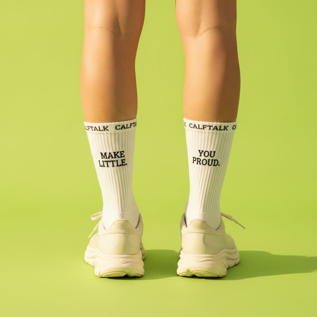 Studioshot op lime achtergrond: MAKE LITTLE en YOU PROUD op de kuiten