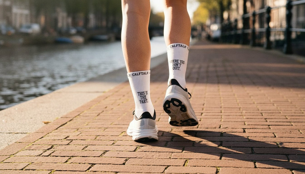 Hardloper op een Amsterdamse brug: links THIS IS THE PART, rechts WHERE YOU DON'T QUIT